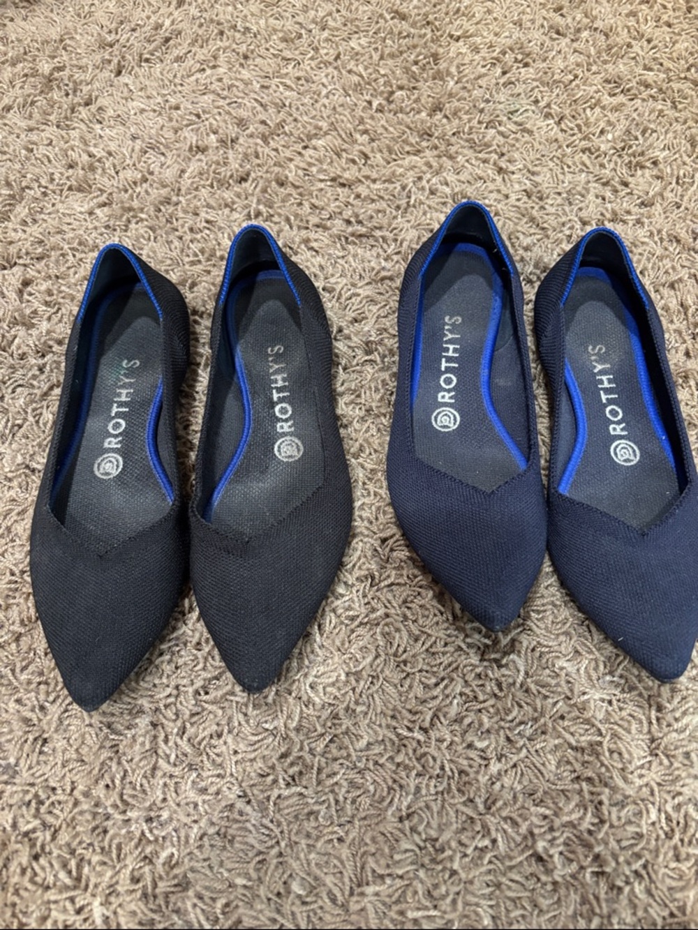 Rothy's Pointed Knit Flats in Black with Blue Trim